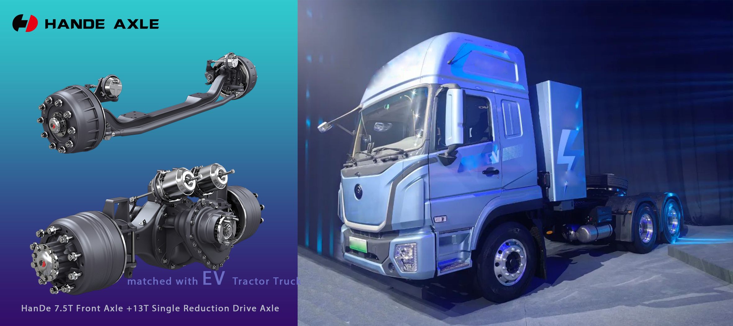EV tractor truck apply with HanDe 7.5T Front Axle + 13T Single Reduction Drive Axle