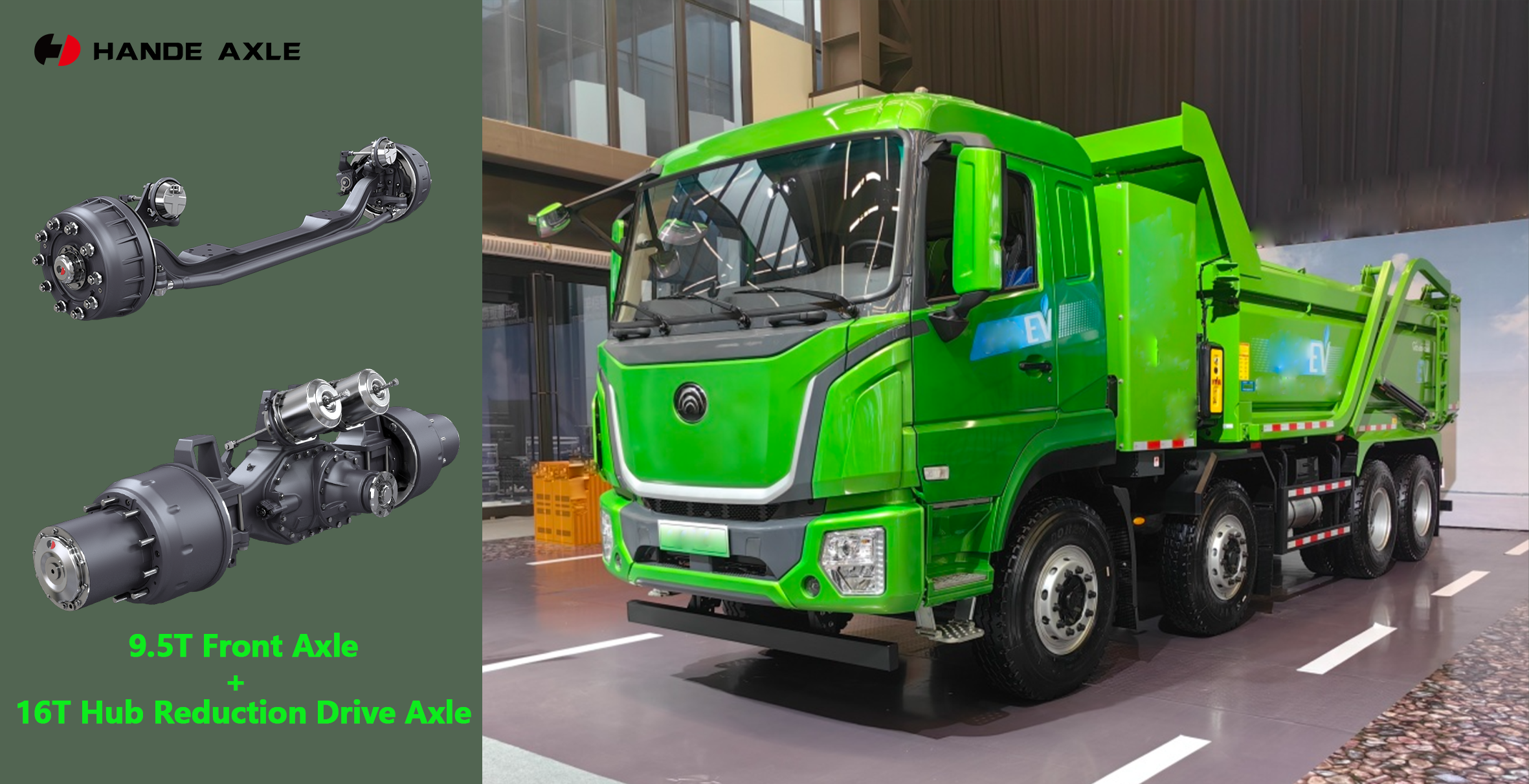 HanDe Dual 9.5Ton Front Axle + 16T Hub Reduction Drive Axle applied to electric dump truck.